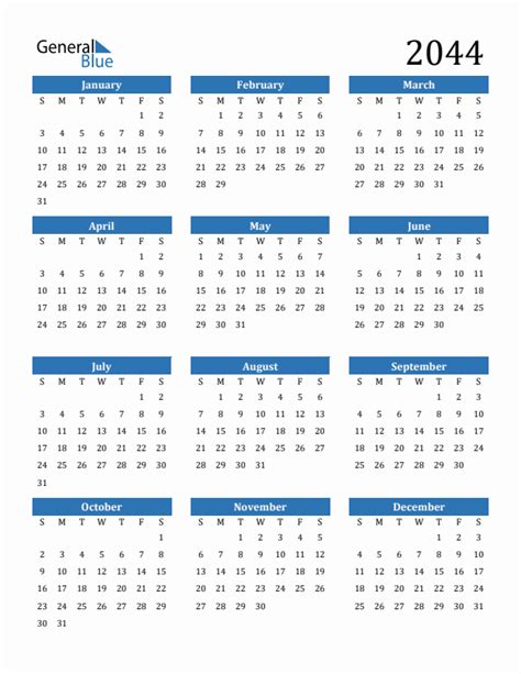 2044|Calendar for Year 2044 (United States)